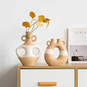 Скандинавская Цветочная ваза Ins, домашний декор, керамическая двухцветная настольная Асимметричная винтажная ваза ручной работы, набор украшений для дома