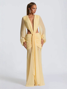 King Mcgreen Star Vestido de gasa para mujer <span class=keywords><strong>Deep</strong></span> <span class=keywords><strong>V</strong></span> Hollow Out Vestido de gasa Sexy Color sólido Corbata Vestido largo plisado - Product Image 3