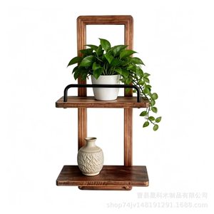 Wooden <b>Wall</b> <b>Mounted</b> <b>Shelves</b> 2 Tier With Aluminum Rail For Plants And Decor Storage - Product Image 4