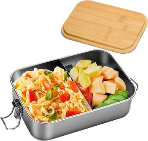 Boîte à bento en acier inoxydable avec séparateurs amovibles en bambou, récipient à bento avec couvercle en bambou, contenants de stockage alimentaire en métal, boîte à lunch - Product Image 1