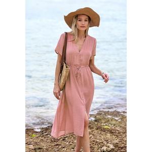 Vestido de Noche Elegante y Delgado con Cuello en V, Manga Corta, Lazo Frontal y Cintura Ajustada, Ideal para la Playa - Product Image 5