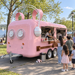 Remolque de Comida Estilo Cápsula Rosa con Ventanas de Servicio Dobles, Carrito Remolcable para Café y Aperitivos para Eventos al Aire Libre - Product Image 1