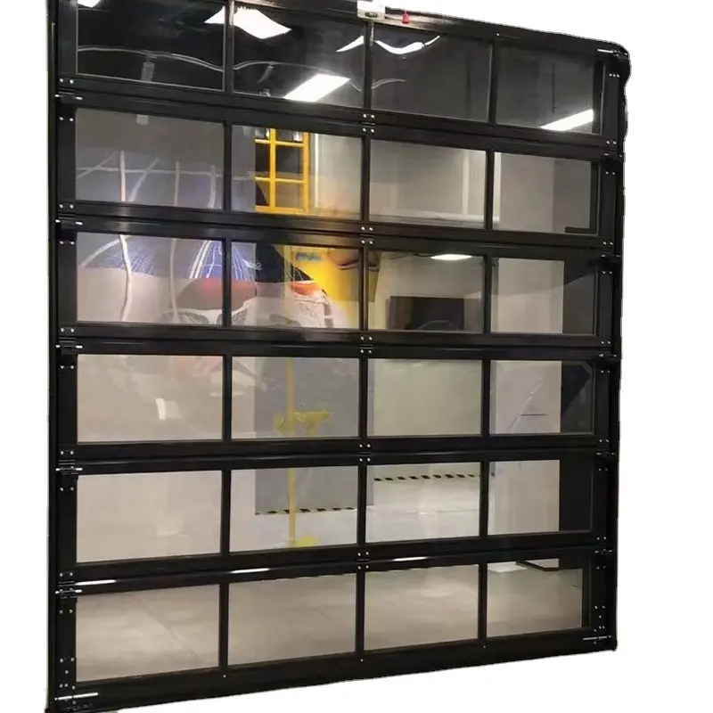 מסחרי מודרני שחור זכוכית תצוגה מלאה זכוכית מוסך דלתות 16 רגליים מראה זכוכית אלומיניום חתך מלא ראיית מוסך דלת