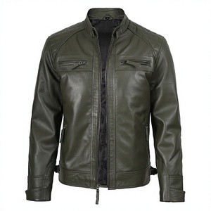 Limited Edition <b>Men's</b> Olive <b>Green</b> Genuine Cow Hide Leather <b>Jacket</b> Stand Collar Zipper Closure Slim Fit <b>Waterproof</b> Breathable - Product Image 1