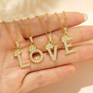 Kalung liontin rantai kalung untuk wanita, kalung liontin rantai kerah berlapis emas personalisasi mahkota zirkonia kubik 26 huruf awal untuk wanita - Product Image 5
