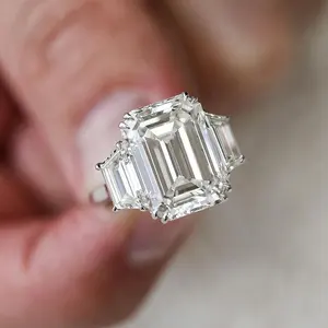 Trang Sức Cô Dâu Emerald Cut D Màu VVS Nhẫn Moissanite Rắn 925 Bạc Sterling