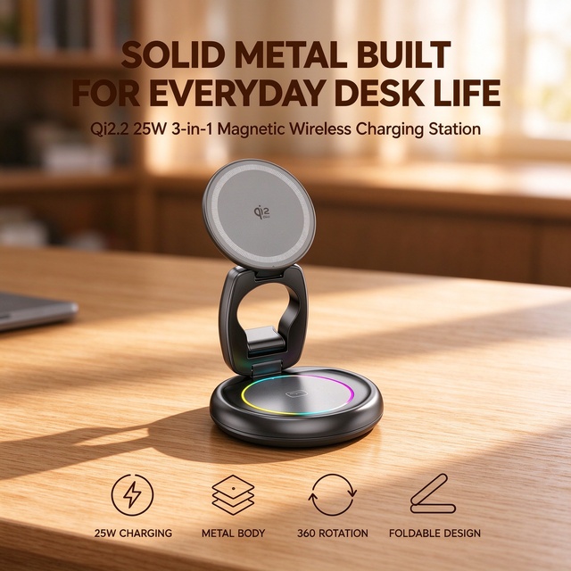 3 in 1 Magnetic Charger Foldable Wireless Charger Qi2.2 25W Fast Charging Zinc Alloy 360 Rotation Portable Factory Wholesale OEM