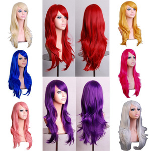 Perruque synthétique longue à ondulations lâches avec frange droite, couleur unie, pour femmes, fête, cosplay, cheveux violet, rouge, bleu, rose, gris, blond - Product Image 1
