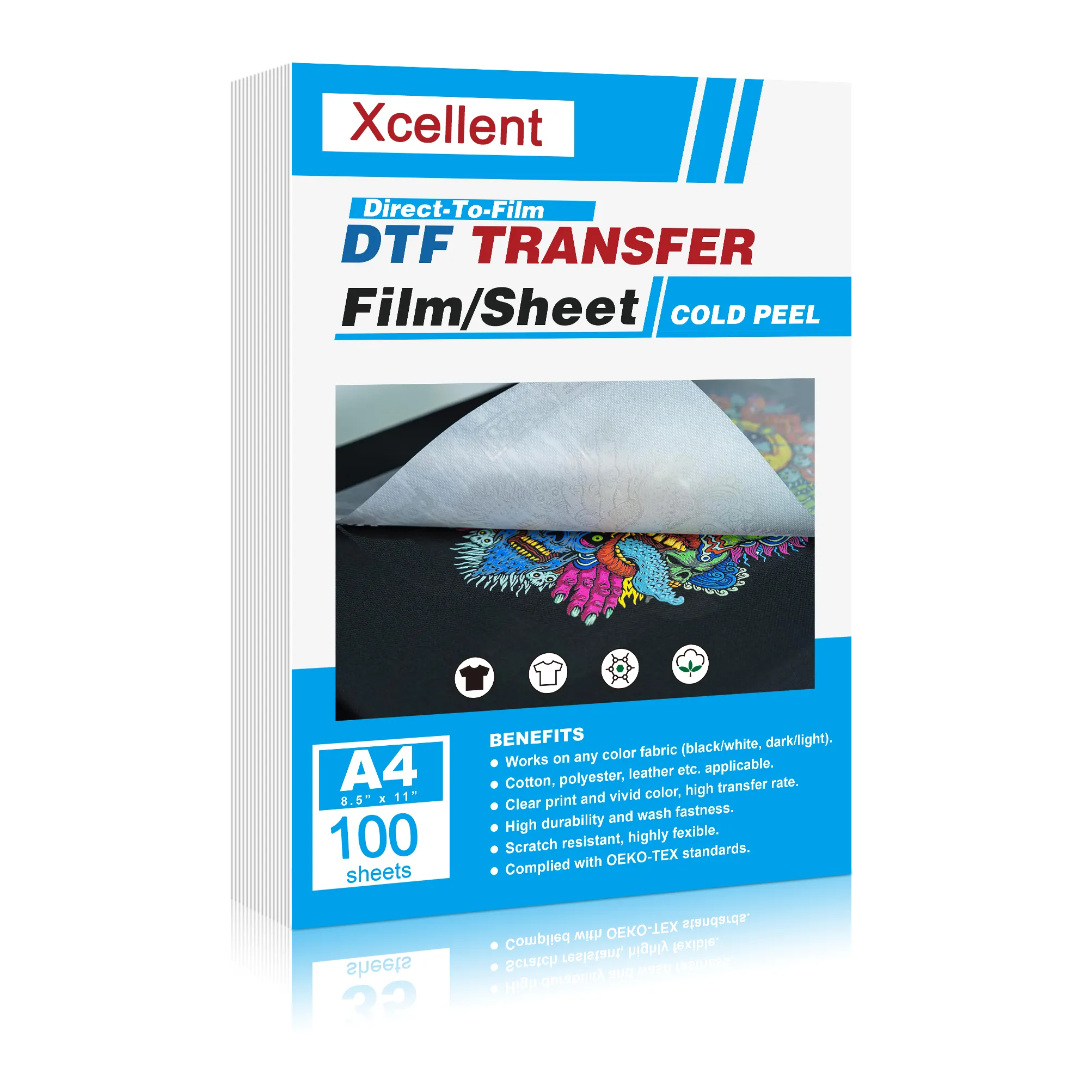 Xcellent paket kustom A3 A4(8.3 "x 11.7") 100 lembar kertas Transfer panas Premium FILM PET DTF langsung ke kaus