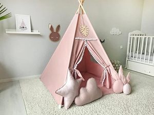 Tente conique pour enfants avec pompons blancs - Tente conique de jeu d'intérieur, <span class=keywords><strong>Tipi</strong></span> indien <span class=keywords><strong>rose</strong></span> - Product Image 2