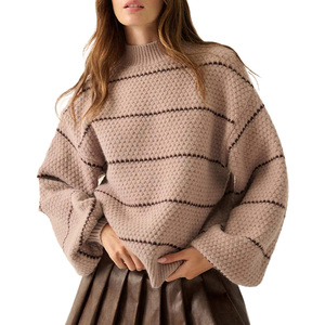 بيع بالجملة مخصص المرأة الصوف مزيج محبوك سترة وهمية الرقبة مخطط نمط محكم متماسكة مكتب عارضة تبدو اليومية نمط أنيق - Product Image 1