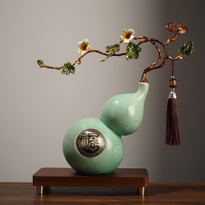 Adorno de Calabaza Estilo Chino, Cerámica con Patrón Craquelado, Decoración de Aleación para Sala de Estar, Entrada, Estante de Exhibición, Regalo - Product Image 3