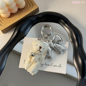 Delicate Bow Bear Plush Doll Soft Fashion Light Keychain Pearl Necklace Heart Bunny <b>Stuffed</b> Animal Halloween Embossed 3D Shape - Product Image 6