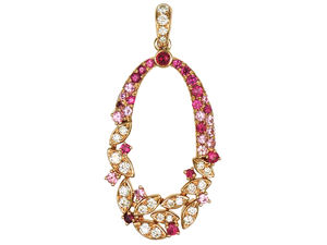 Élégant pendentif en or rose 18 carats avec feuilles florales, diamants et saphirs roses, 3,26 g, bijoux de qualité supérieure - Product Image 5