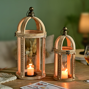 Lanterne porte-bougie en bois avec poignée en métal rustique, design cage à oiseaux, style rétro écologique - Product Image 2