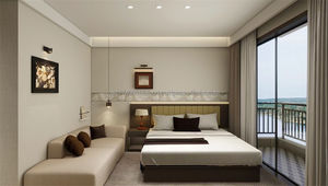 Ensemble de mobilier de chambre d'hôtel 3 étoiles moderne et économique : lit double avec têtes de lit rembourrées, tables de chevet, armoire et meuble TV - Product Image 5