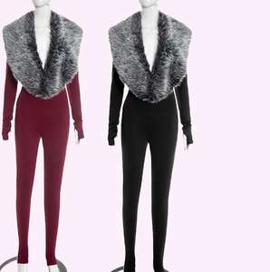 Sexy jumpsuit met harige kraag, vingerbedjes, winter, V-hals, lange mouwen, skinny, feestoverall, romper - Product Image 1