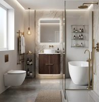 Meuble-lavabo mural en noyer foncé cannelé, armoire flottante incurvée à deux tiroirs à fermeture douce et lavabo rond