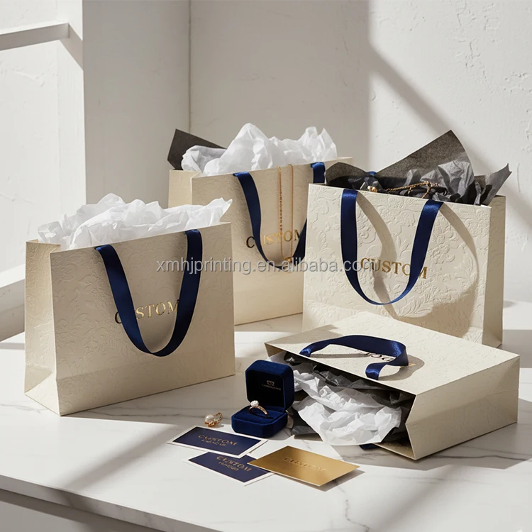 Custom Logo Size Embossed Gift Bags With Tissue Paper For Retail Boutique Packaging Shopping