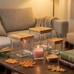Porte-bougies carrés modernes en verre avec couvercle en <span class=keywords><strong>bois</strong></span>, à suspendre, réutilisables, impression multicolore, livraison rapide, vides - Product Image 1
