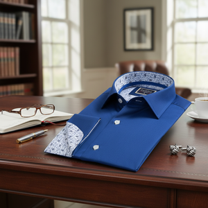 เสื้อเชิ้ตเดรสสีน้ำเงินแบบกระดุมข้อมือฝรั่งเศส คุณภาพสูง - Product Image 3