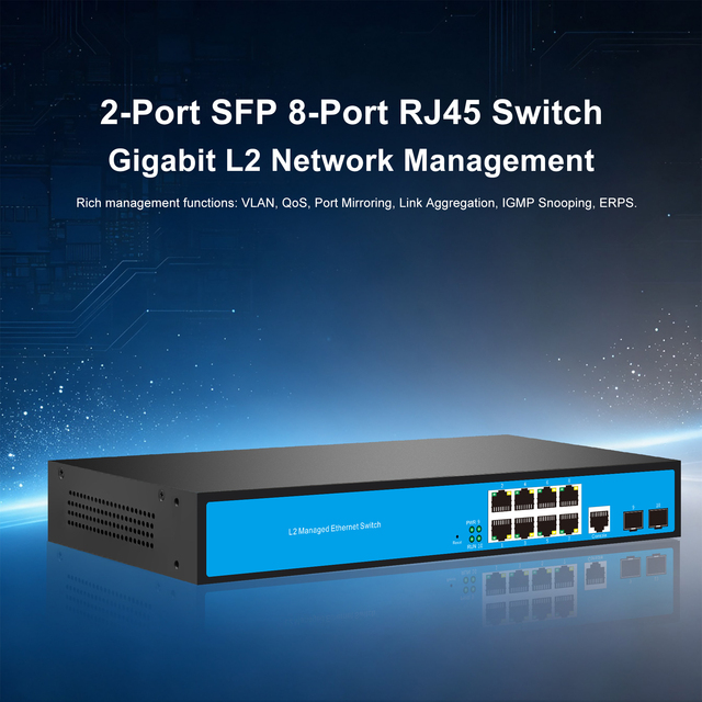 8-port RJ45 Management 2 SFP Enterprise Network Switch, Static Routing, Steel Shell, Built-in Power Supply 4K VLAN