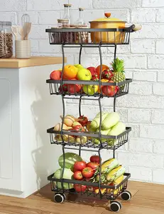 Huangtu Carrinho Auxiliar com Rodas Carrinho de Armazenamento de Frutas e Vegetais Removível 4 Tier 5 Tier Non-Slip Feet Metal Basket