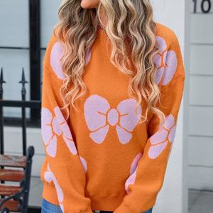 Suéteres de mujer a la venta, jerséis de bloque de Color rojo y negro con patrón de lazo, suéter bonito de moda con cuello redondo - Product Image 4