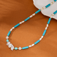 2026 Natural Turquoise Beaded Choker Handmade Heishi Freshwater Baroque Pearl Aquamarine 18K Gold Plated Stainless Steel Women's
