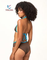Ensemble de bikini dos nu bicolore personnalisé OEM ODM avec bordure contrastante, bas taille mi-haute à nouer devant, maillot de bain deux pièces pour femme, vente en gros