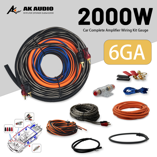 AK-6GAS 6GA 2000W Car RCA Amplifier Wiring Kit Complete Car Audio Cable Kit Amplifier Install RCA Fuse Subwoofer Sub Wiring Set