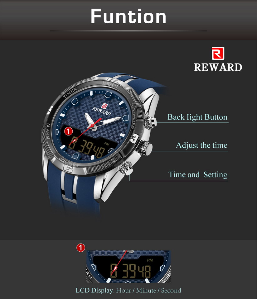 REWARD Men's Watches Silicone Double Movement Digital Electronic Watch Men Sports Waterproof LED Quartz Watch Relogio Masculino