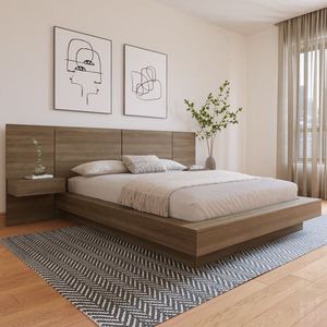 Base de Cama <span class=keywords><strong>Flotante</strong></span> de Madera Maciza con Cabecera Integrada y Estantes Laterales, Acabado en Chapa de <span class=keywords><strong>Roble</strong></span> <span class=keywords><strong>Natural</strong></span>, Diseño Minimalista - Product Image 5