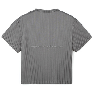 T-shirt Corta a Costine 100% Poliestere, Maglia a Costine Larghe, Collo Alto, Manica Corta, Vestibilità Slim, Elasticizzata, <span class=keywords><strong>Maglietta</strong></span> Basica, Etichetta Personalizzata OEM - Product Image 4