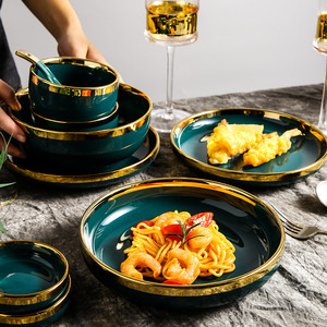 Emerald Color Lead-Free Porcelain Dinnerware <b>Set</b> Eco-Certified Dishwasher Safe Family Dining Includes Bowls Oval Platter Modern - Product Image 2