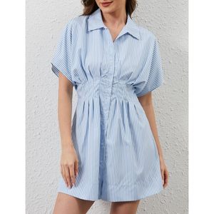Vestido Camisero Plisado con Botones para Mujer, Manga Corta, Rayas, Mini, Casual, Uso Diario, Tejido Transpirable - Product Image 3