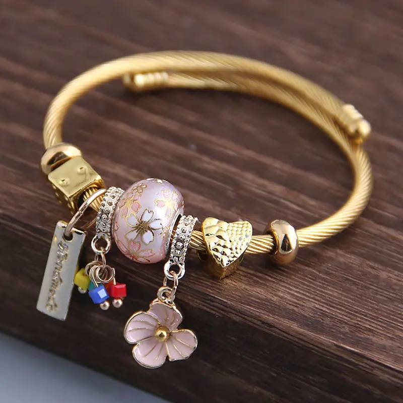 Ethnic Style Stainless Steel Bracelet Adjustable Sakura Flower Beaded Pendant Bangle Women Japanese Style Crystal Charm Jewelry