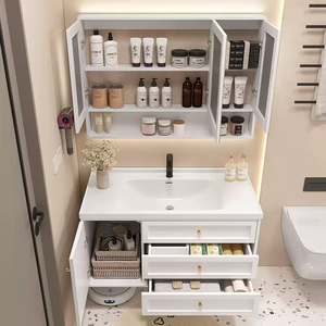 Meuble-lavabo mural moderne en bois massif avec miroir LED intelligent anti-buée et bande lumineuse, étanche - Product Image 4