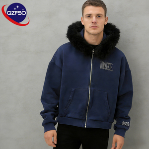 QZFSO Fabricant sur mesure Veste graphique brodée pour femmes et hommes, en molleton lourd délavé à la pierre, capuche en fausse fourrure, fermeture éclair - Product Image 1