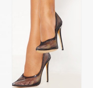 Chaussures à talons aiguilles sexy en résille pour femmes, escarpins noirs à maille quadrillée, chaussures à bout pointu et talons hauts pour dames - Product Image 1