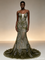 Tissu KC de luxe vert armée en maille dentelle, tulle brillant orné de plumes de paon et de sequins pour tenue de banquet de mariage à Dubaï