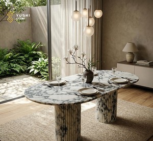 Mesa de Comedor Moderna de Lujo YUSHI de Mármol Calacatta Viola con Bases Dobles Acanaladas, Mesa Ovalada de Piedra Bvlgari para Decoración de Villas - Product Image 4