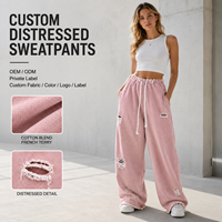 Pantalon décontracté pour femme, coupe large, taille élastique avec cordon de serrage, poches latérales effet usé, style streetwear