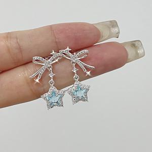 Wenchi S925 Pure <b>Silver</b> Cool Feeling Bow <b>Earrings</b> High-End Starry Sky Blue Star <b>Dangle</b> for Women Sweet New Release China - Product Image 5