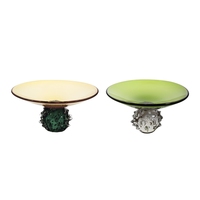 Bandeja de Vidrio Artístico Soplado a Mano, Transparente con Toque Ámbar, con Base de Pedestal Verde Texturizado, Plato para Frutas, para Servir en Mesa de Centro