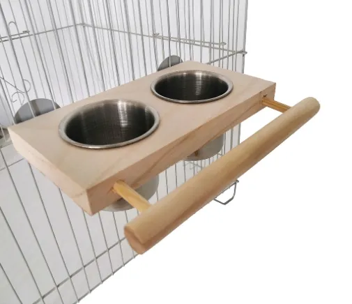 1 Piece Stainless Steel Bird Feeding Dish Cups Wooden Perch Stand Parrot Cage Feeder for Cockatiels Lovebirds Conures