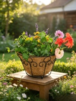 Panier à plantes en ciment noir, design sculpté, doublure en fibre de coco, style américain, pot de fleurs décoratif sculpté à la main pour la maison et le jardin