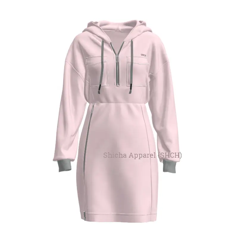 Wholesale custom logo solid color pink brown green white french terry fleece zippers decoration womens casual hoodie dress