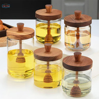 Dispensador de tarros de miel de vidrio con tapa de madera y cucharón, contenedor de miel de 17oz, olla para jarabe, mermelada, gelatina, almacenamiento de cocina para el hogar