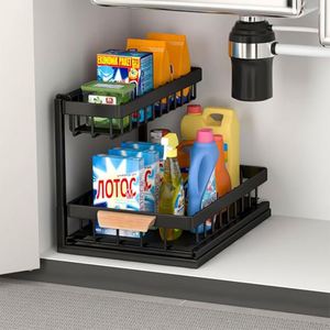 Nouveau Rangement et Organisateur Ajustable à 2 Niveaux pour Armoire Sous Évier de Salle de Bain et Cuisine, avec Tapis de Cuisine et Tiroir Coulissant Simple - Product Image 1